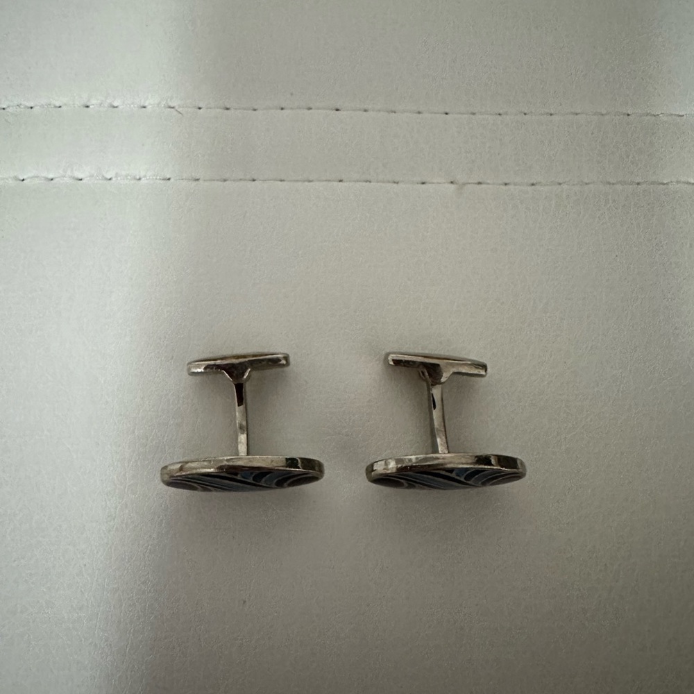 Blue Designed Oval Silver Cufflinks - image 2